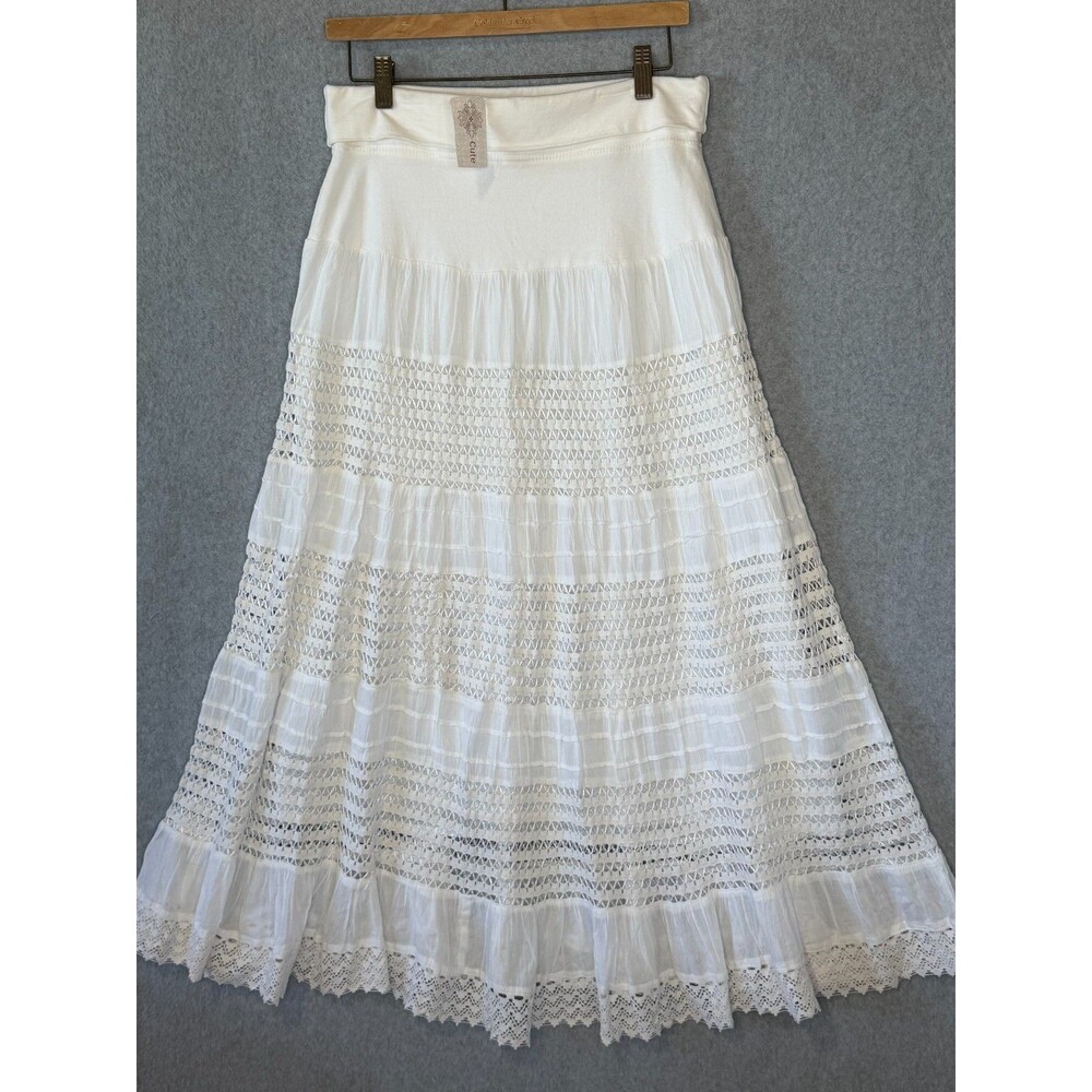 Women's Size L Tiered Yoga Waist Maxi Skirt White Peasant Boho Gypsy Angelcore